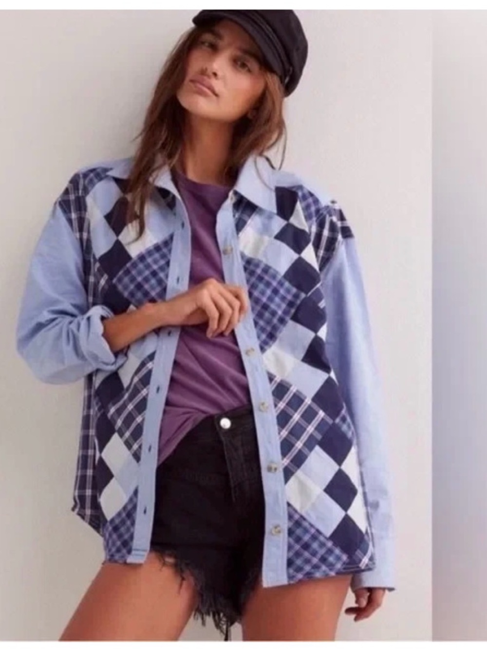 Free People We The Free Argyle Plaid Patchwork Button-Down Shirt - Picture 1 of 14